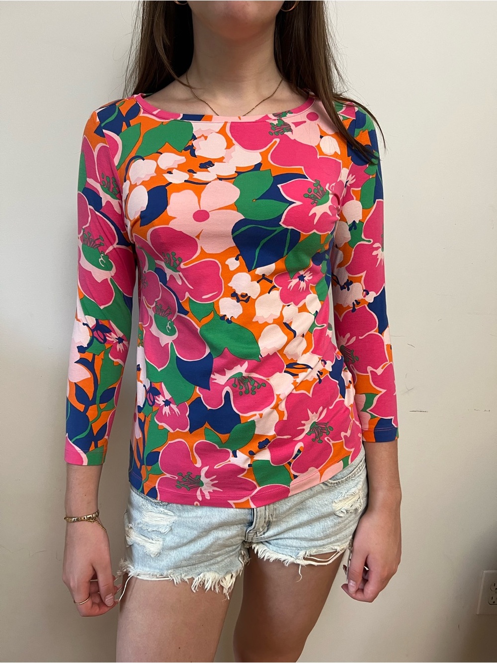 Talbots Petites Vibrant Floral Boatneck Top 3/4 Sleeve - Size SP